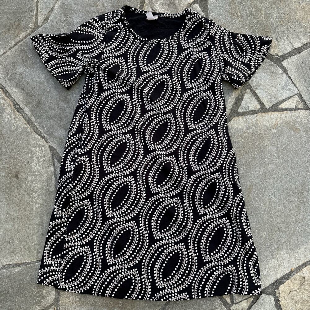 Chicos Dress Womens 1 Medium Black Casual Flutter Short Sleeve Stretch Dot